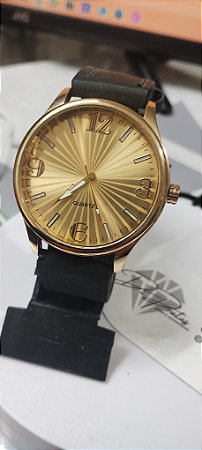 Relógio Masculino Pulseira Café Caixa Dourada
