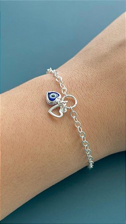 Pulseira Olho Grego Coração Vazado Prata 925