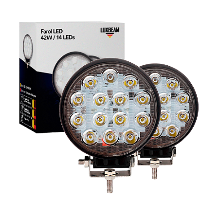 Kit 2 Farol LED Redondo 42w 14 Leds 12v - 24v 6500k Aluminio