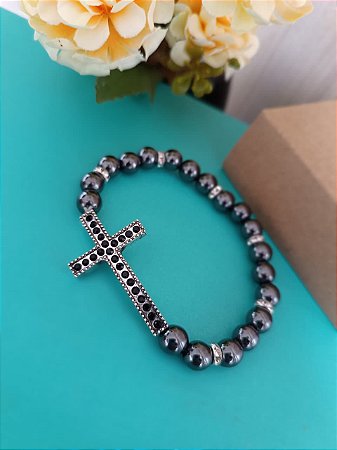 Pulseira de Hematita com Cruz Cravejada