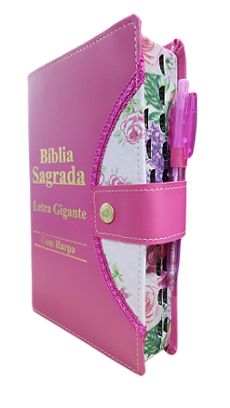 Biblia letra gigante ARC com harpa botão e caneta rosa pink com floral