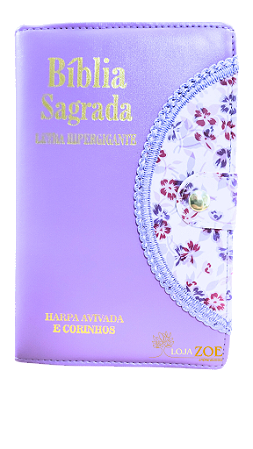 Biblia letra hipergigante ARC com harpa botão e caneta lilás com floral