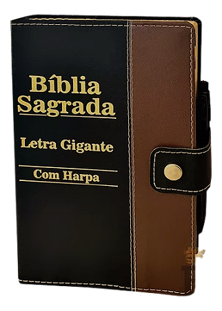 Biblia letra gigante ARC com harpa botão e caneta bicolor preta e marrom