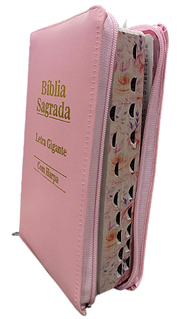 Biblia letra gigante ARC ZIPER com harpa rosa bebê BEIRA FLORAL