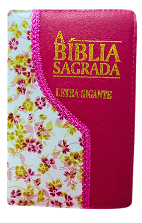 Biblia letra gigante ACF com zíper s/ harpa rosa pink com floral
