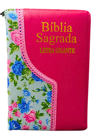 Biblia letra gigante ACF com zíper s/ harpa rosa pink com floral azul