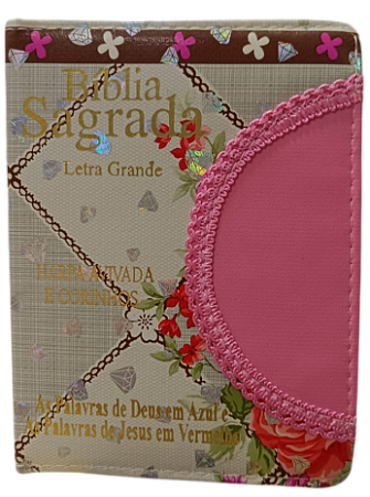 Biblia letra grande ARC com zíper floral faixa marrom, palavras de Deus em azul e Jesus em vermelho. Pequena L16xA12,5xP