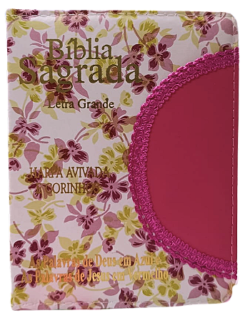 Biblia letra grande ARC com zíper floral com rosa pink, palavras de Deus em azul e Jesus em vermelho. Pequena L16xA12,5x