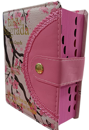 Biblia letra grande ARC com botão, s/ zíper rosa floral, palavras de Deus em azul e Jesus em vermelho. Pequena L16xA12,5