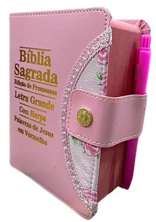 Biblia letra grande ARC com botão, s/ zíper rosa bebê com floral, palavras de Deus em azul e Jesus em vermelho.