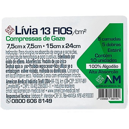 Compressa de Gaze Esteril Livia 7,5cm x 7,5cm 13 Fios 10 Und - America
