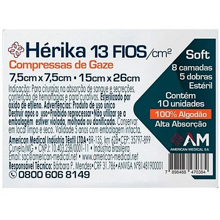 Compressa de Gaze Esteril 7,5cm x 7,5cm 13 Fios 10 Und - America