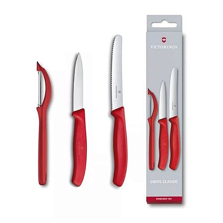 Conjunto Swiss Classic com 3 Peças para Cortar e Descascar Vermelho Victorinox