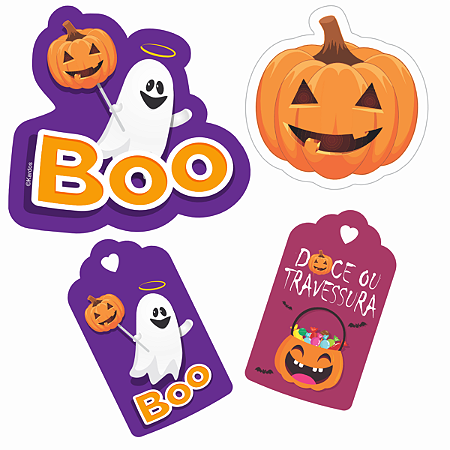 Kit Halloween Tag Aplique Sortidos Abóbora Fantasma Com 24un