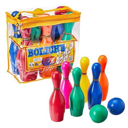 Jogo de Boliche Brinquedo Infantil 6 Pinos 2 Bolas 22cm 8 Peças