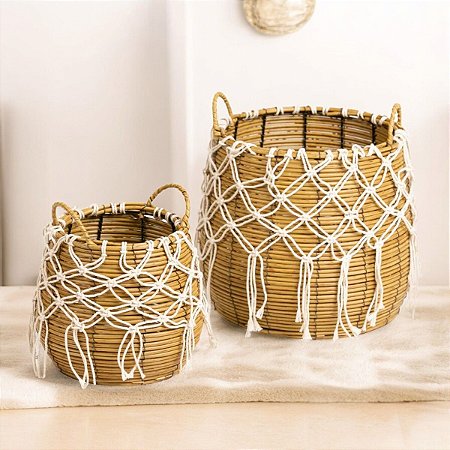 Kit com 2 Cestos Redondo Rattan Sintetico 19X19X21cm/28X28X30cm
