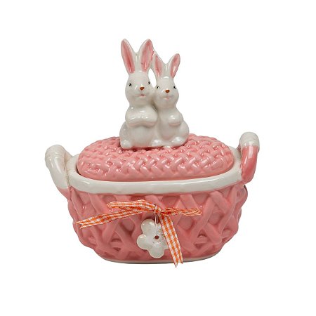 CESTINHA CERAMICA C/TAMPA E COELHO 14X7.5X15CM ROSA