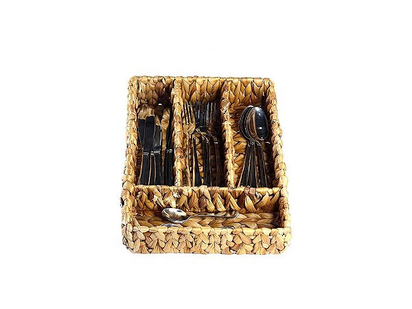 Porta Talheres Retangular em Palha com 4 Divisórias 35 x 28 x 8cm