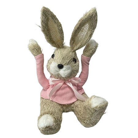 COELHO DE PALHA FEMEA EM PE C/ROUPA ROSA 16X30CM