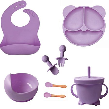 KIT ALIMENTACAO BEBÊ SILICONE C/ 8PÇS LILAS