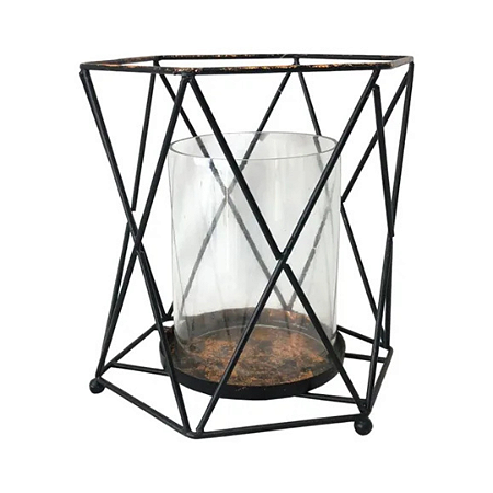 Lanterna Porta Velas Hexagonal Black Cobre Metal 19x18cm