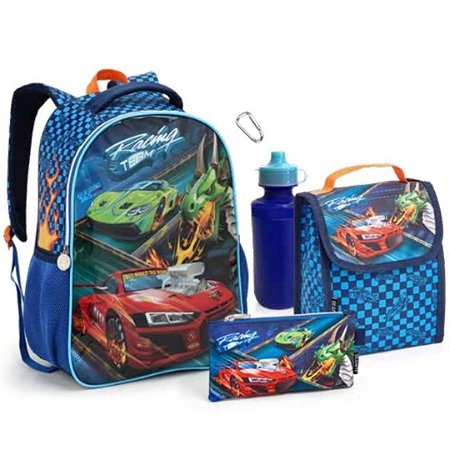 KIT C/4 PCS MOCHILA INFANTIL MASCULINO RACING TEAM AZUL