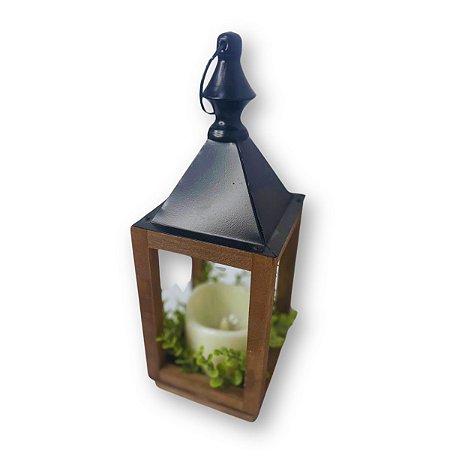 Lanterna Decorativa Classic em Vidro Metal e Madeira Preto com Vela 11x31 cm