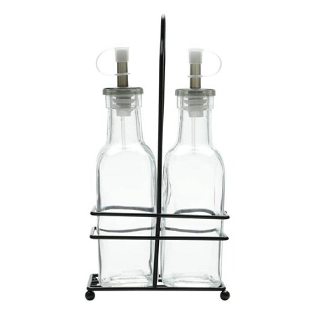 Conjunto Galheteiro de Vidro com Suporte de Metal Preto 200ml Lyor 12x6,5x6,5 cm