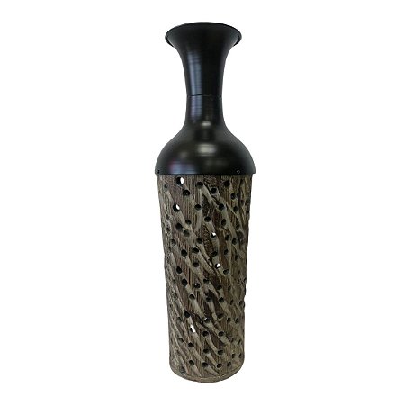 Vaso Decorativo Wood em Madeira e Metal Entalhado Preto e Marrom 52x13x11,5 cm