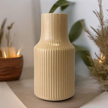 Vaso Decorativo em Cerâmica Plissado Bege 19x10x6,5 cm