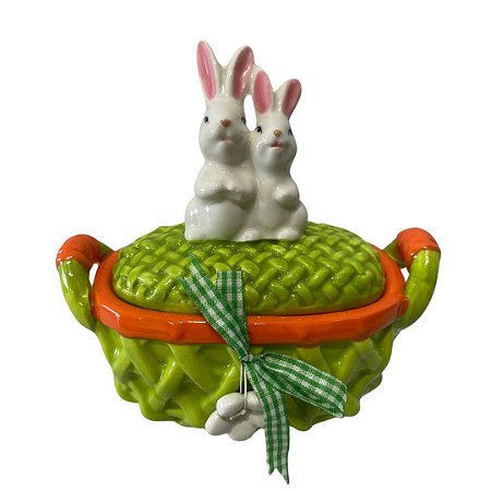 CESTINHA CERAMICA C/TAMPA E COELHO 14X7.5X15CM VERDE