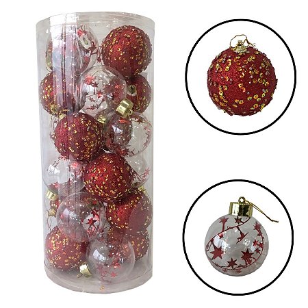 Kit Tubo com 25 Bolas Natalinas Vermelhas e Transparentes