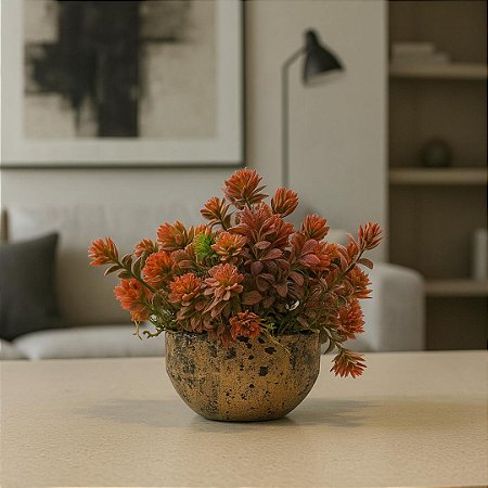ARRANJO CACHEPO METAL INDIANO DOURADO 5X8 C/ PICK SEDUM X6 OUTONADO