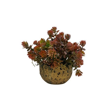 ARRANJO CACHEPO METAL INDIANO DOURADO 5X8 C/ PICK SEDUM X6 OUTONADO