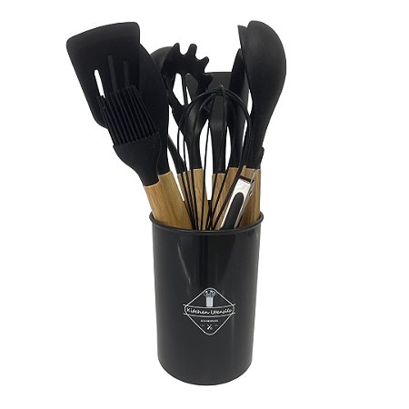 KIT UTENSILIOS SILICONE PRETO CABO MADEIRA C/12 PCS