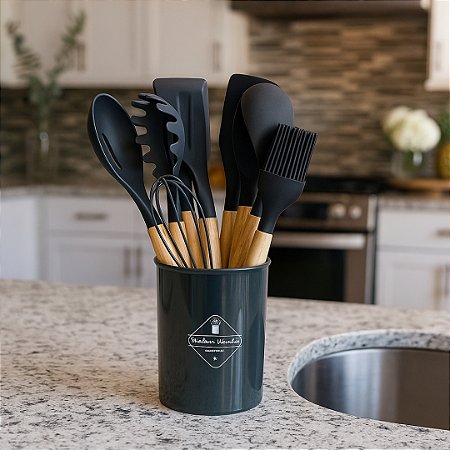 KIT UTENSILIOS SILICONE PRETO CABO MADEIRA C/12 PCS