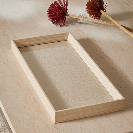 Bandeja Retangular em MDF Bege Claro com Linho 12x28x03 cm