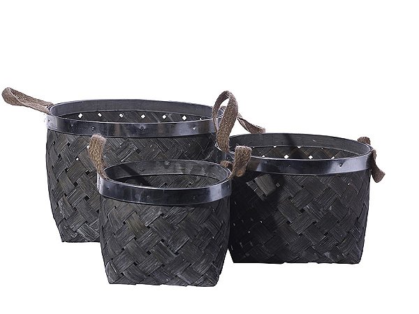 Kit Com 3 Cestos Bambu Vazado Cinza Com Alça Corda