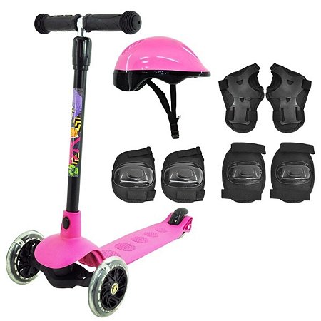 Patinete 3 Rodas com Acessórios Proteção Rosa