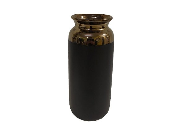 Vaso em Cerâmica Preto com Borda Cobre - 25 X 10,5 X 9,5cm