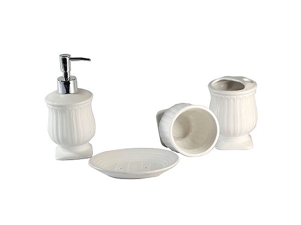 Kit Banheiro Lavabo Cerâmica Romano Branco 4 Peças