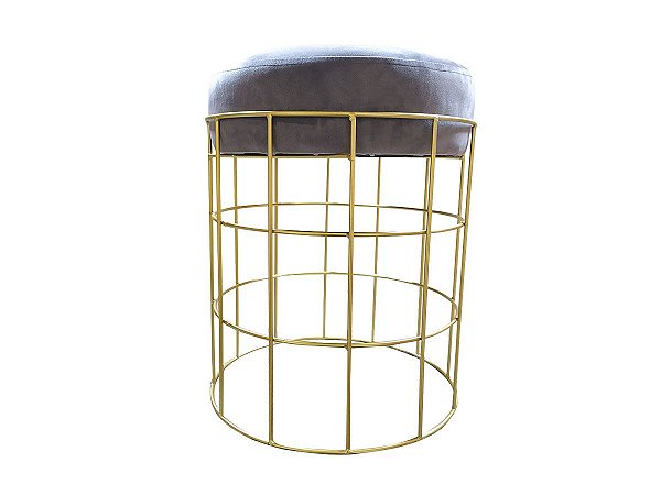 Puff Banqueta de Veludo Cinza com Estrutura de Metal Dourado 42X33cm