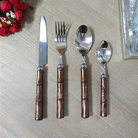 Faqueiro 24 Peças Inox Cabo Acrílico Bambu Marrom Lyor