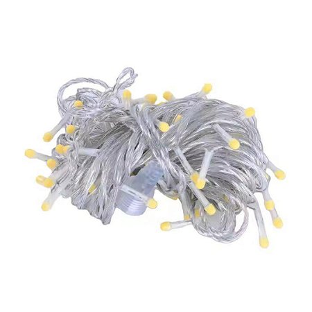 KIT PCT C/5 CORDÃO PISCA 100LED BIVOLT FIO TRANSP 10MTS M/F WARM