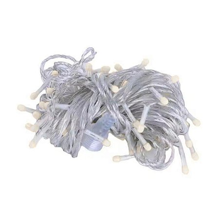 KIT  PCT C/5 CORDÃO PISCA 100LED BIVOLT FIO TRANSP 10MTS M/F BRANCO FRIO