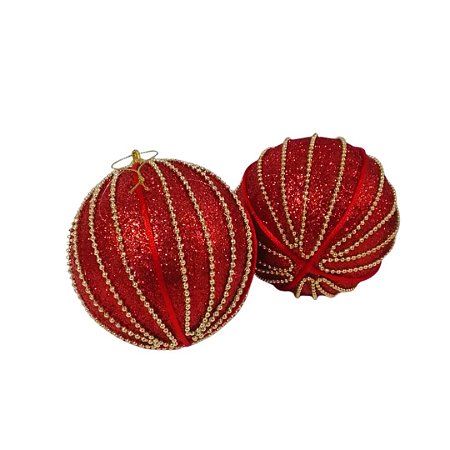 BOLA NATALINA 10CM DECORADA GLITTER VERMELHO/DOURADO C/2un