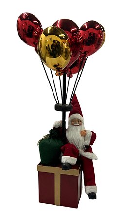 ENFEITE NATALINO PAPAI NOEL BALOES C/PRESENTE VERMELHO C/DOURADO 60CM