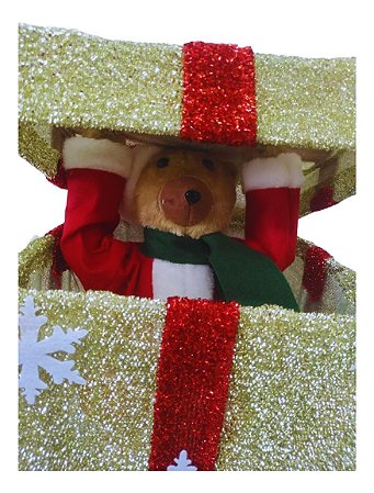 ENFEITE DE NATAL CAIXA PRESENTE URSO C/SOM DOURADO 65CM