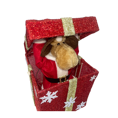 ENFEITE NATALINO CAIXA PRESENTE ALCE C/SOM VERMELHO 65CM