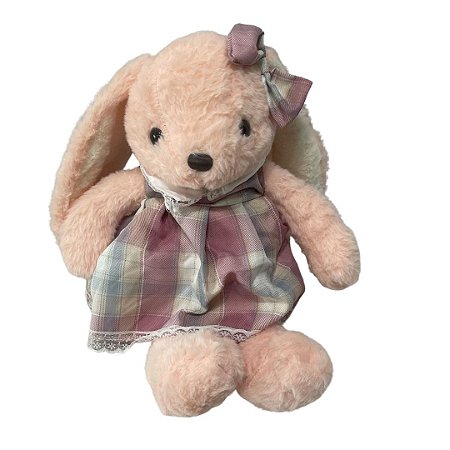 COELHO PELUCIA ROSA FEMEA C/VESTIDO E LACO XADREZ 45CM